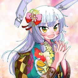  1girl alternate_costume aqua_kimono blunt_bangs floating_headgear floral_print grey_hair hair_ribbon headgear japanese_clothes kantai_collection kimono long_hair murakumo_(kancolle) own_hands_clasped own_hands_together ribbon shin_(shin_k009) smile solo thick_eyebrows tress_ribbon upper_body yellow_eyes 