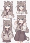  absurdres animal_ears blue_eyes brown_hair brown_skirt cat_ears coffee colon_br expressions glasses highres multiple_views original skirt white_background 
