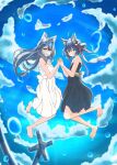  2girls ahoge alternate_costume animal_ear_fluff animal_ear_piercing animal_ears back_bow barefoot black_dress blue_eyes blue_hair blue_sky bow bubble clouds commentary_request dog_ears dog_girl dress dual_persona earrings expressionless full_body hair_bow holding_hands interlocked_fingers jewelry long_hair looking_at_viewer lovermoonlight medium_bangs multiple_girls nanashi_inc. open_mouth red_bow short_hair single_earring sky smile souya_ichika v-shaped_eyebrows virtual_youtuber waist_bow white_bow white_dress 