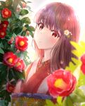  1girl absurdres blush brown_hair camellia expressionless flower hair_flower hair_ornament highres japanese_clothes kimono led_awaame long_hair looking_at_viewer obi original red_eyes sash solo upper_body 