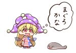  1girl american_flag_dress american_flag_legwear blonde_hair blush_stickers chibi clownpiece commentary_request drooling fairy_wings fish hat highres jester_cap long_hair open_mouth polka_dot_headwear red_eyes sacabambaspis shitacemayo smile touhou translation_request wings 