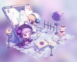  2girls arcaea beret black_headwear blonde_hair blue_eyes crescent drawing_tablet eto_(arcaea) hat headphones highres long_sleeves luna_(arcaea) multiple_girls planet purple_hair purple_thighhighs shenju_bing_hui siblings sitting sleeves_past_fingers sleeves_past_wrists standing star_(symbol) stuffed_animal stuffed_toy stylus thigh-highs twins violet_eyes white_headwear wireless_earphones 