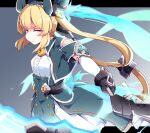  black_gloves blonde_hair capelet cosmic_break dress feuille_vert gloves highres holding holding_weapon keyhole lolita_fashion red_eyes twintails weapon yuka_danbow 
