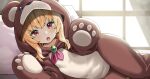  1girl :o animal_costume animal_ears bandaid bandaid_on_knee bandaid_on_leg bear_costume bear_ears bed blonde_hair blush cropped curtains highres indoors little_witch_nobeta looking_at_viewer lying nobeta official_art on_bed on_side open_mouth pillow red_eyes solo window 