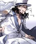  1boy beard bird black_hair facial_hair formal hat hattori_(one_piece) highres long_hair looking_at_viewer male_focus necktie one_piece pants pigeon rob_lucci sazu_00 suit surprised top_hat wide-eyed 