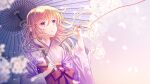  1girl blonde_hair cherry_blossoms crying falling_petals flower hand_up highres holding holding_umbrella japanese_clothes kimono long_hair long_sleeves looking_up obi oil-paper_umbrella original parted_lips petals plastic_moon sash solo string string_around_finger string_of_fate tears umbrella violet_eyes wide_sleeves wind 
