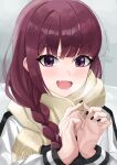  1girl absurdres blush bocchi_the_rock! braid fang hair_over_shoulder highres hiroi_kikuri jacket long_hair long_sleeves looking_at_viewer nail_polish open_mouth outdoors own_hands_together perilpoint redhead scarf smile solo tree upper_body violet_eyes winter 