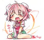  1girl arms_between_legs bandaged_arm bandages barefoot blush chibi closed_eyes crying double_bun facing_viewer full_body green_skirt hair_between_eyes hair_bun ibaraki_kasen kibayashi_kimori medium_hair one-hour_drawing_challenge open_mouth pink_hair puffy_short_sleeves puffy_sleeves red_ribbon ribbon ribbon-trimmed_skirt ribbon_trim shirt short_sleeves simple_background skirt solo teeth touhou upper_teeth_only white_background white_shirt 