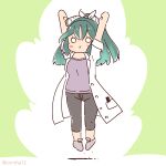  1girl arms_up black_pants coat coroha full_body green_background green_hair jumping kako_(kemono_friends) kemono_friends kemono_friends_3 long_hair looking_at_viewer pants pen purple_shirt ribbon shirt shoes simple_background solo white_coat 