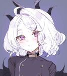  1girl alternate_hair_length alternate_hairstyle black_horns blue_archive blush closed_mouth demon_horns grey_background hina_(blue_archive) horns looking_at_viewer oomabiblogo2 portrait short_hair simple_background solo violet_eyes white_hair 