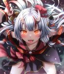  1girl black_kimono blush gradient_hair grey_hair highres holding holding_sword holding_weapon hololive horns japanese_clothes kimono looking_at_viewer mask multicolored_hair nakiri_ayame nakiri_ayame_(1st_costume) oni oni_horns oni_mask open_mouth red_eyes red_kimono redhead skin-covered_horns sleeveless sleeveless_kimono smile streaked_hair sword sword_on_back virtual_youtuber weapon weapon_on_back yozu_(yozu0420) 