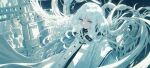  1girl ai-generated angel angel_wings blue_eyes closed_mouth feathers flying grey_hair halo jacket magic_circle medium_hair messy_hair original shirt space tagme user_ukez4772 white_hair white_shirt white_wings wings 