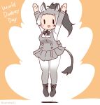  1girl animal_ears apron arms_up boots bow bowtie brown_background coroha donkey_(kemono_friends) donkey_ears donkey_girl donkey_tail extra_ears full_body grey_hair jumping kemono_friends long_hair looking_at_viewer pantyhose ponytail shirt simple_background skirt solo tail 