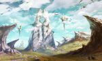  1other blue_sky building cliff commentary_request day defensive_wall dragon fantasy floating floating_object flock flying haguruma_rapt highres holding holding_staff horizon machine magic megastructure metal mountain nature original outdoors plant rock ruins scenery sky staff standing stream tower town vines water western_dragon windmill 