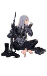  1girl ak-12_(girls&#039;_frontline) barefoot boots camouflage closed_eyes duplicate girls_frontline grey_hair grey_jacket gun highres jacket long_hair long_sleeves open_mouth profile simple_background sitting solo tears torn_clothes unworn_boots weapon weapon_request white_background yawning 