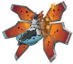  blue_eyes fire flying gifer_art highres joints mecha mecha_focus mechanical_wings mechanization no_humans non-humanoid_robot pokemon pokemon_(creature) robot robot_joints science_fiction simple_background solo volcarona white_background wings 