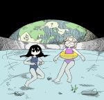  2girls barefoot birdweon black_eyes black_hair blonde_hair blue_one-piece_swimsuit closed_eyes earth_(planet) egg egg_(food) egg_hair_ornament expressionless food food-themed_hair_ornament food_on_head fried_egg glasses hair_ornament highres multiple_girls object_on_head one-piece_swimsuit open_mouth parody pink_one-piece_swimsuit planet pool rock shimeji_simulation space style_parody swimsuit tsukumizu_yuu_(style) tsukushima_shijima water yamashita_majime 