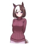  1girl alternate_costume animal_ears arms_behind_back breasts brown_hair casual highres horse_ears horse_girl horse_tail katuko_deluxe looking_at_viewer medium_breasts multicolored_hair purple_sweater ribbed_sweater short_hair simple_background solo special_week_(umamusume) sweater tail two-tone_hair umamusume violet_eyes white_background white_hair 