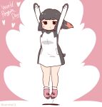  1girl adelie_penguin_(kemono_friends) arms_up black_hair boots coroha full_body gloves headphones jumping kemono_friends long_hair looking_at_viewer multicolored_hair penguin_girl penguin_tail pink_background redhead shirt simple_background socks solo tail two-tone_hair 