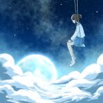  1girl above_clouds azchipi blue_sailor_collar blue_skirt blue_theme brown_hair closed_mouth clouds hands_on_own_thighs highres long_sleeves moon night original pleated_skirt profile sailor_collar school_uniform serafuku short_hair short_ponytail single_sidelock sitting skirt sky socks solo star_(sky) starry_background starry_sky swing uniform white_serafuku white_socks 