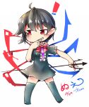  1girl asymmetrical_wings black_dress black_hairband black_thighhighs blue_wings bow bowtie center_frills chibi dress frills full_body hairband holding_trident houjuu_nue kibayashi_kimori no_shoes one-hour_drawing_challenge open_mouth pointy_ears red_bow red_bowtie red_eyes red_wings short_dress simple_background solo standing teeth thigh-highs touhou white_background wings 