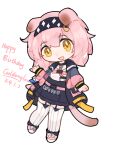  1girl :d animal_ears arknights black_hairband black_jacket black_skirt blue_jacket cat_ears cat_girl cat_tail character_name chibi dated floppy_ears garter_straps goldenglow_(arknights) hairband happy_birthday high-waist_skirt highres id_card jacket lanyard lightning_bolt_print long_sleeves looking_at_viewer multicolored_clothes multicolored_jacket open_clothes open_jacket open_mouth pink_footwear pink_hair pink_jacket print_hairband shirt shirt_tucked_in simple_background skirt smile solo tail thigh-highs user_dnhk8575 white_background white_shirt white_thighhighs yellow_eyes 