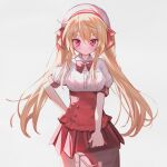  1girl bag blonde_hair cowboy_shot d_omm highres holding holding_bag long_hair looking_at_viewer original pleated_skirt red_eyes skirt twintails very_long_hair white_background 