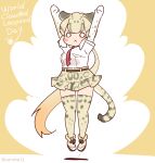 1girl animal_ears arms_up belt cat_ears cat_girl cat_tail clouded_leopard_(kemono_friends) coroha elbow_gloves extra_ears full_body gloves grey_hair jumping kemono_friends long_hair looking_at_viewer necktie shirt shoes simple_background skirt solo tail thigh-highs yellow_background 