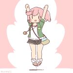  1girl arms_up bag black_shorts coroha full_body green_jacket jacket jumping kemono_friends kemono_friends_3 long_hair looking_at_viewer nana_(kemono_friends) pink_background pink_hair shirt shoes shorts simple_background socks solo watch white_shirt 