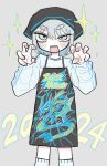  1girl 2024 apron black_apron blue_eyes blue_sweater bonkura. claw_pose cowboy_shot dragon_print grey_background grey_hair hair_between_eyes hands_up head_scarf highres long_sleeves looking_at_viewer meme_attire open_mouth original print_apron sharp_teeth short_hair smile solo sparkle standing sweater teeth 