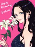  1girl black_hair blue_eyes earrings eyelashes flower happy_birthday holding holding_flower jewelry ko_tori0 long_hair looking_at_viewer nico_robin one_piece pink_background pink_lips profile sidelocks simple_background solo 