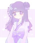  1girl alternate_costume alternate_hairstyle bow closed_mouth denonbu double_bun hair_bun happy_new_year highres inubousaki_shian japanese_clothes kimono long_hair long_sleeves looking_at_viewer purple_bow purple_hair purple_kimono solo teko_(tkmr_c5) violet_eyes 