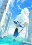  1girl blue_skirt blue_sky brown_eyes capelet clouds cloudy_sky column commentary_request cumulonimbus_cloud day dutch_angle grey_hair hat highres holding holding_staff long_hair long_skirt long_sleeves mage_staff original outdoors pillar ribbon skirt sky solo staff standing very_long_hair wading water white_capelet white_headwear wide_shot witch witch_hat xyunx 