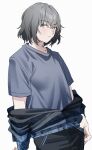  1boy black_jacket blue_eyes blue_shirt blush closed_mouth fate/grand_order fate_(series) grey_hair hair_between_eyes highres jacket looking_at_viewer male_focus oberon_(fate) off_shoulder sausu_hitori shirt short_sleeves simple_background solo sweat white_background 