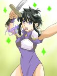  1girl armor black_hair breastplate cowboy_shot diamond_(shape) earrings fighting_stance fire_emblem fire_emblem:_genealogy_of_the_holy_war highres jewelry larcei_(fire_emblem) open_mouth pelvic_curtain purple_tunic short_hair shoulder_armor sidelocks signature simple_background solo standing sword telitagaru tunic violet_eyes weapon 