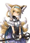  1girl absurdres animal_ears arknights bare_shoulders black_gloves blue_hairband blush braid closed_mouth commentary cowboy_shot dress earpiece fox_ears fox_girl fox_tail gloves green_eyes hair_between_eyes hairband highres holding holding_staff kitsune kyuubi looking_at_viewer multiple_tails purple_dress re_iria0613 short_hair simple_background single_glove single_wrist_cuff solo staff suzuran_(arknights) tail white_background wrist_cuffs 