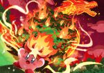  absurdres blush_stickers clouds colored_skin dragon fire highres kirby kirby&#039;s_return_to_dream_land kirby_(series) monster_flame no_humans open_mouth pink_skin signature star_(symbol) tree watawata22 