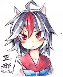  1girl ahoge black_hair blue_bow blue_bowtie bow bowtie closed_mouth cropped_torso frown hair_between_eyes kibayashi_kimori kijin_seija looking_at_viewer multicolored_hair one-hour_drawing_challenge red_eyes redhead shirt simple_background solo streaked_hair touhou upper_body v-shaped_eyebrows white_background white_shirt 