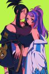  2girls black_hair black_jacket blush breasts coat cross_scar dendra_(pokemon) eyelashes fujikonbu green_eyes highres jacket lab_coat long_hair miriam_(pokemon) multicolored_hair multiple_girls off_shoulder open_clothes open_coat pokemon pokemon_sv purple_hair scar scar_on_face scar_on_forehead shorts sports_bra streaked_hair sweater 