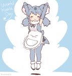  1girl animal_ears apron arms_up blue_background blue_hair bow bowtie coroha elbow_gloves extra_ears full_body gloves jumping kemono_friends koala_(kemono_friends) koala_ears koala_girl long_hair looking_at_viewer shirt shoes shorts simple_background sleeveless sleeveless_shirt solo thigh-highs twintails 