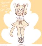 1girl animal_ears arms_up belt bow bowtie cat_(kemono_friends) cat_ears cat_girl cat_tail coroha elbow_gloves extra_ears full_body gloves grey_hair jumping kemono_friends looking_at_viewer shirt shoes short_hair simple_background skirt sleeveless sleeveless_shirt solo tail thigh-highs yellow_background