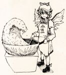  1girl animal_ears apron bird_ears closed_mouth clothes_writing commentary english_commentary fried_rice_prank_(meme) full_body greyscale hat hayoibu high_contrast highres long_sleeves looking_at_viewer meme mob_cap monochrome mystia_lorelei rice simple_background solo standing touhou winged_hat wings 