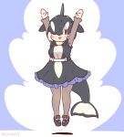  1girl arms_up black_hair blue_background cetacean_tail coroha dress fins fish_tail full_body hair_over_one_eye head_fins jumping kemono_friends looking_at_viewer orca_(kemono_friends) orca_girl pantyhose shirt shoes short_hair simple_background skirt solo tail 