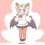  1girl arms_up bat_girl bat_wings blonde_hair bow bowtie cardigan coroha full_body gloves honduran_white_bat_(kemono_friends) jumping kemono_friends looking_at_viewer multicolored_hair pantyhose pink_background scarf shoes short_hair simple_background skirt solo two-tone_hair white_hair wings 