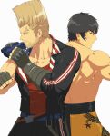  2boys back-to-back bare_pectorals beard_stubble character_request clenched_hands fighting_stance frown highres houjoh_(7th-heaven) looking_ahead male_focus multiple_boys muscular muscular_male pectorals tekken thick_eyebrows topless_male tsurime 