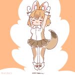  1girl animal_ears arms_up bow bowtie brown_background brown_hair coroha dhole_(kemono_friends) extra_ears full_body gloves jumping kemono_friends looking_at_viewer pantyhose shirt shoes short_hair simple_background skirt sleeveless sleeveless_shirt solo tail wolf_ears wolf_girl wolf_tail 