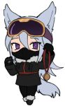  1girl animal_ears animal_hands black_coat black_footwear black_gloves black_pants borrowed_character bright_pupils chest_harness chibi coat dog_ears dog_girl dog_tail full_body fur-trimmed_coat fur-trimmed_footwear fur_collar fur_trim gloves goggles goggles_on_head grey_hair hair_between_eyes hands_up harness holding lapithai long_hair long_sleeves looking_at_viewer lowres mask medal mouth_mask original pants paw_gloves simple_background ski_goggles solo standing tail transparent_background tsurime violet_eyes 