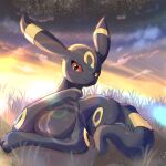  animal_focus black_fur closed_mouth commentary_request facial_mark floameya forehead_mark highres night night_sky no_humans on_grass pokemon pokemon_(creature) red_eyes sitting sky star_(sky) tail umbreon wavy_mouth 