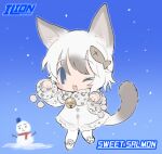 1girl :3 animal_ears april_fools bell blue_background blue_eyes blush_stickers cat_ears cat_girl cat_tail chibi coat colored_tips english_commentary fish_hair_ornament full_body fur-trimmed_coat fur-trimmed_sleeves fur_collar fur_trim gradient_background grey_hair hair_ornament hands_up jingle_bell lace_trim lapithai long_sleeves looking_at_viewer lowres multicolored_hair neck_bell one_eye_closed open_mouth original pants paw_pose pom_pom_(clothes) snow snowing snowman solo tail white_coat white_footwear white_hair white_pants 