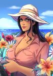  1girl black_hair blue_eyes commentary ellie_mehl english_commentary eyelashes flower hat highres holding long_hair looking_at_viewer nico_robin ocean one_piece pink_shirt purple_nails shirt sidelocks smile solo upper_body 